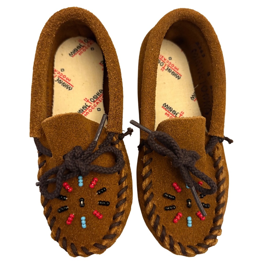 Minnetonka Moccasin Child Size 8‎ Brown Suede Beaded Slip On Shoes Leather